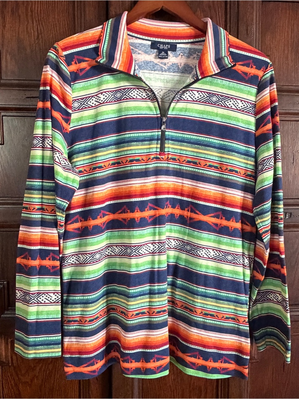 Chaps Women’s Navy, Green & Orange Striped Half-Zip Pullover Top Size 1X